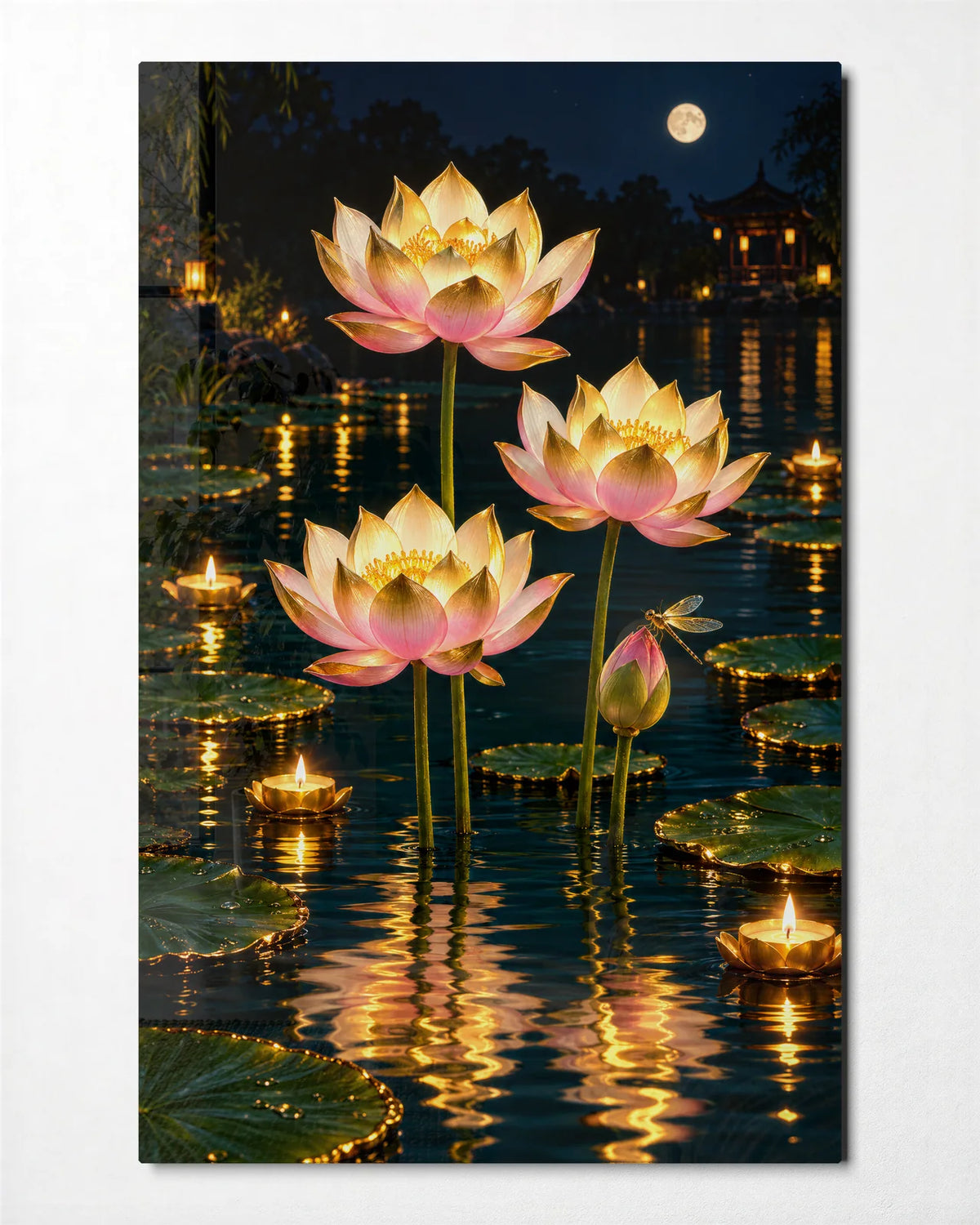 Golden Lotus Night — front view of glass wall art