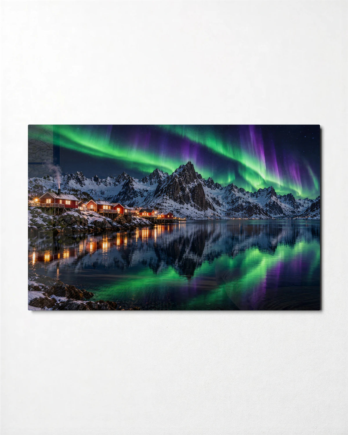 Hamnoy Under the Aurora — front view of glass wall art