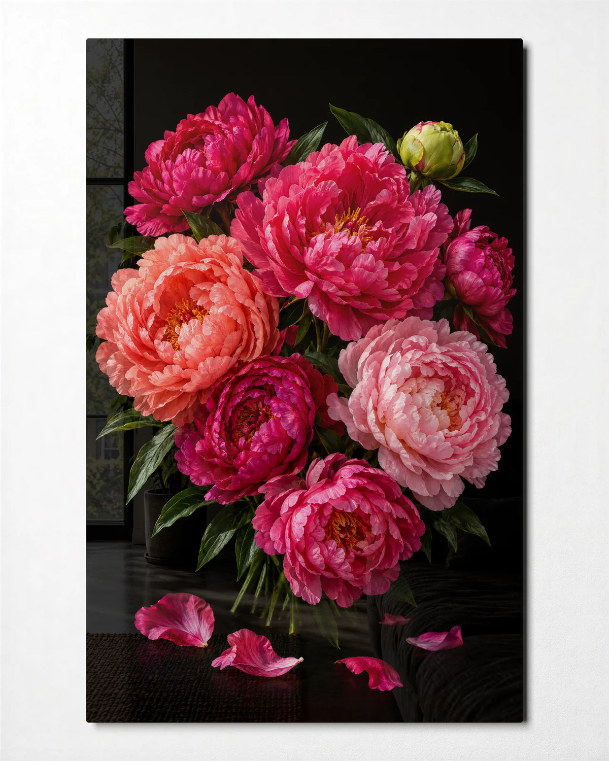 Peonies on Black — front view of glass wall art