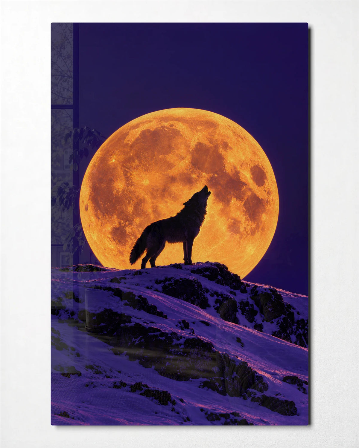 Wolf and the Orange Moon — front view of glass wall art