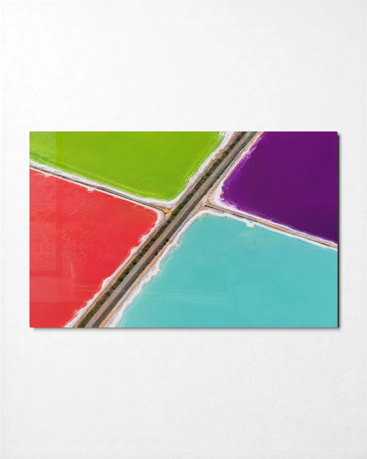Salt Ponds From Above — front view of glass wall art