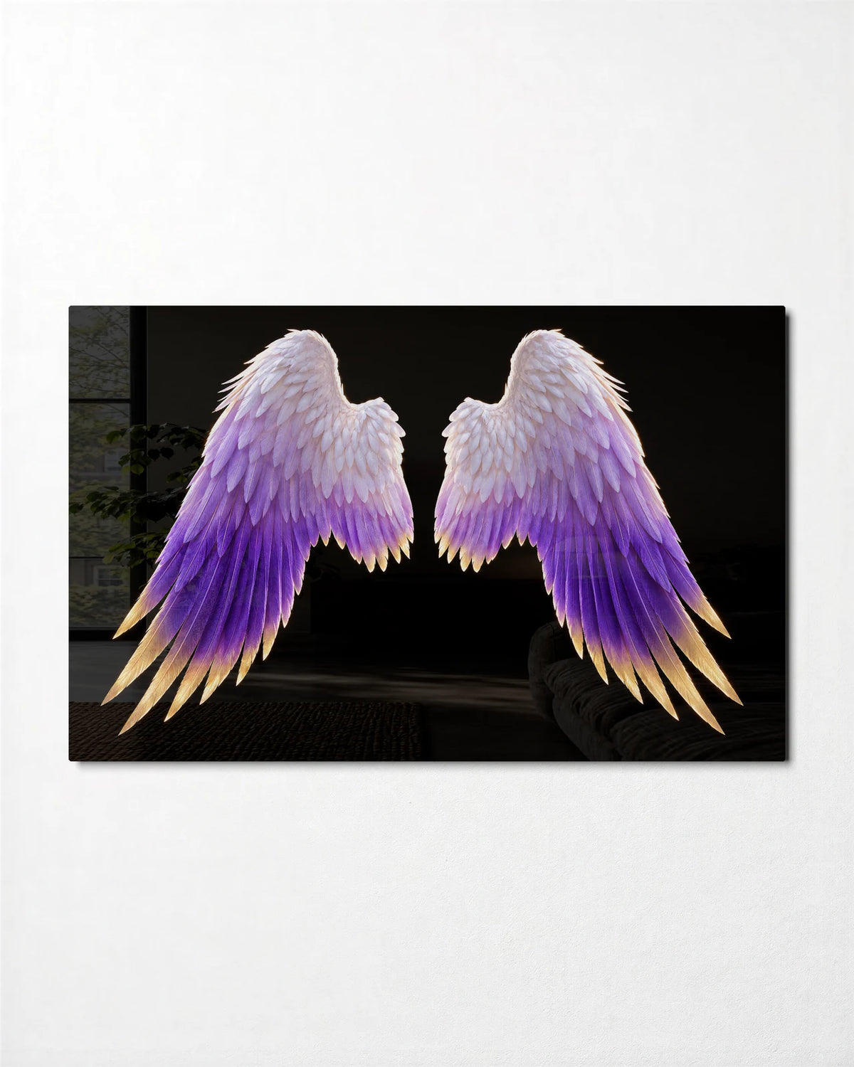 Violet Angel Wings — front view of glass wall art