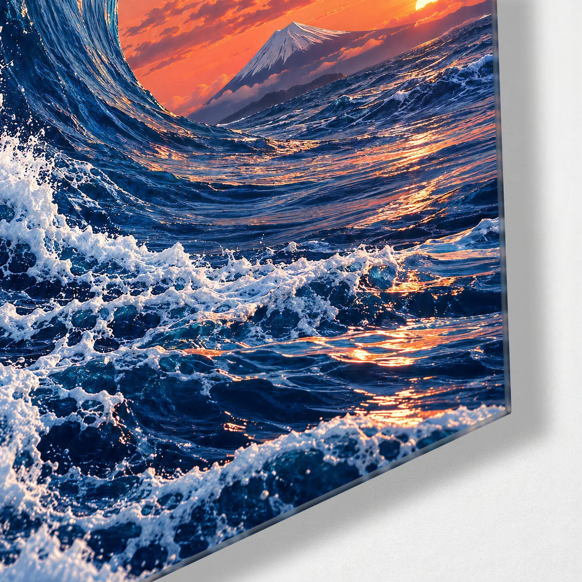 Great Wave at Sunset — corner detail of glass wall art
