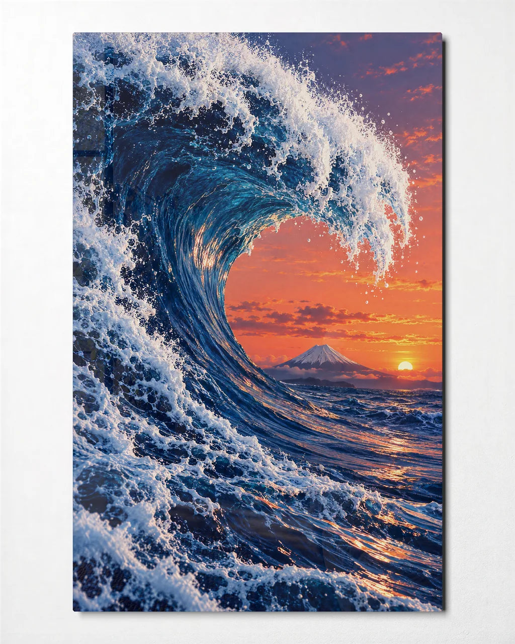 Great Wave at Sunset — front view of glass wall art