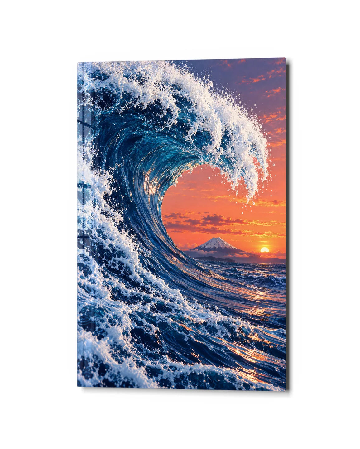 Great Wave at Sunset — studio view of glass wall art