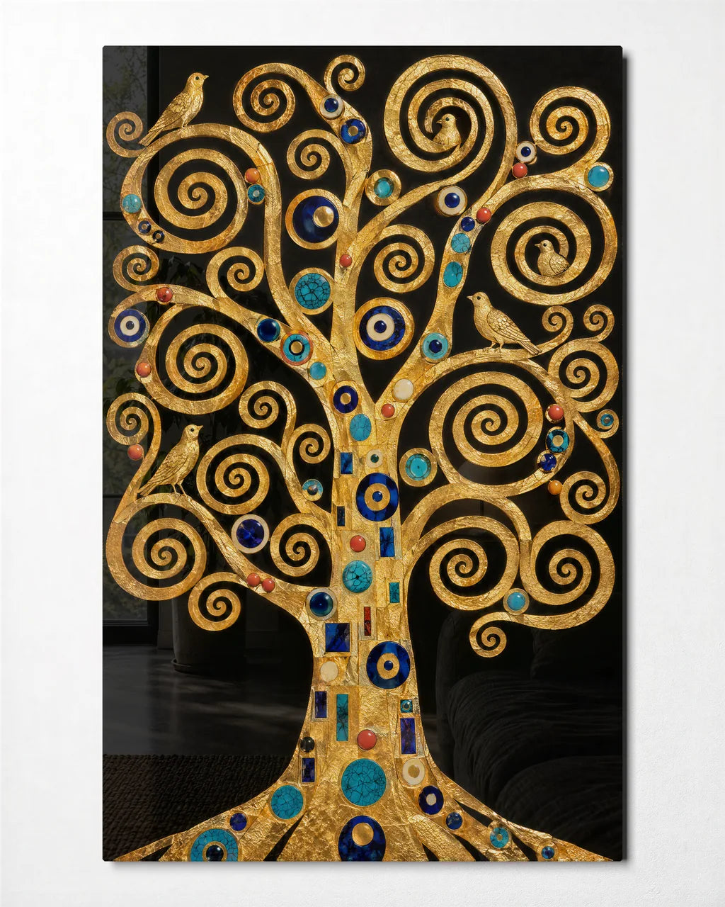 Golden Tree of Spirals — front view of glass wall art