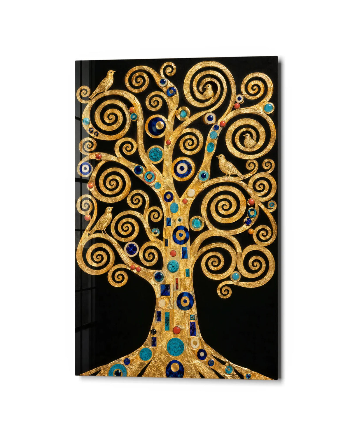 Golden Tree of Spirals — studio view of glass wall art