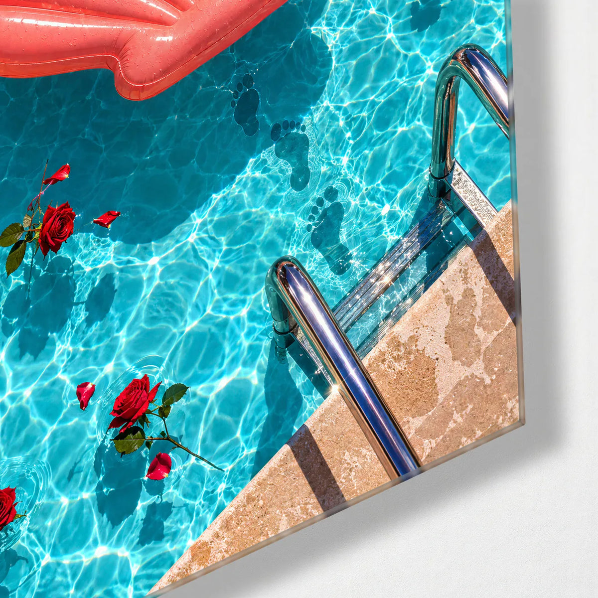 Shell Float Among Roses — corner detail of glass wall art