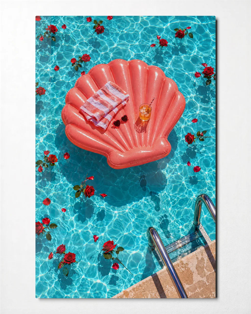 Shell Float Among Roses — front view of glass wall art