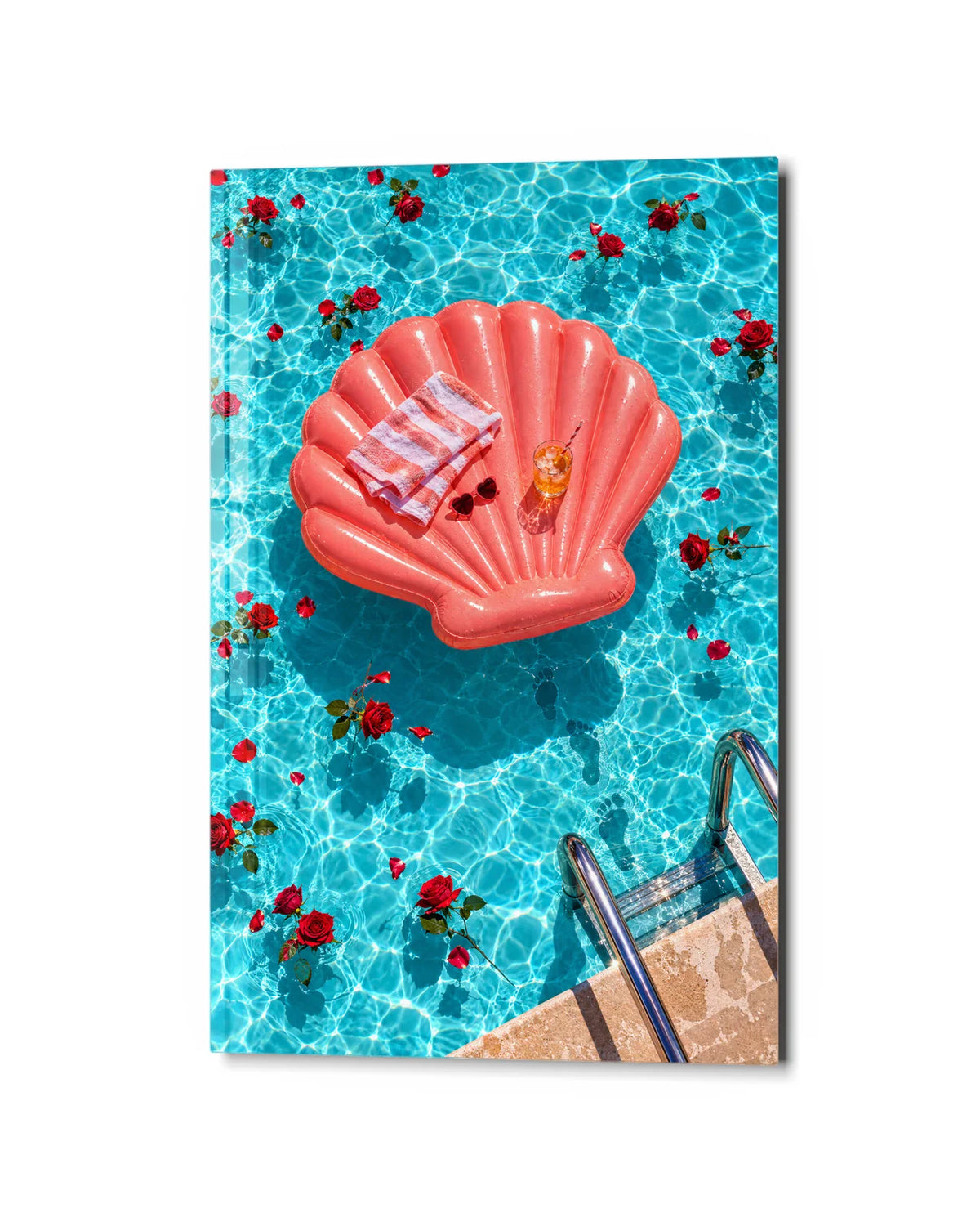 Shell Float Among Roses — studio view of glass wall art