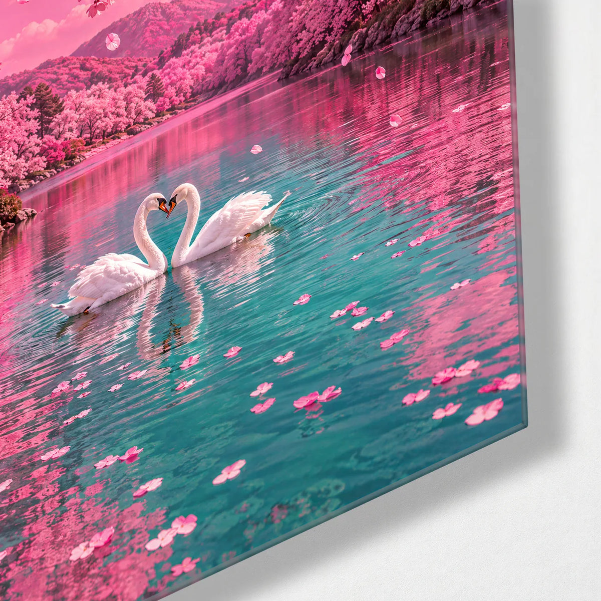 Swans Under Blossom — corner detail of glass wall art
