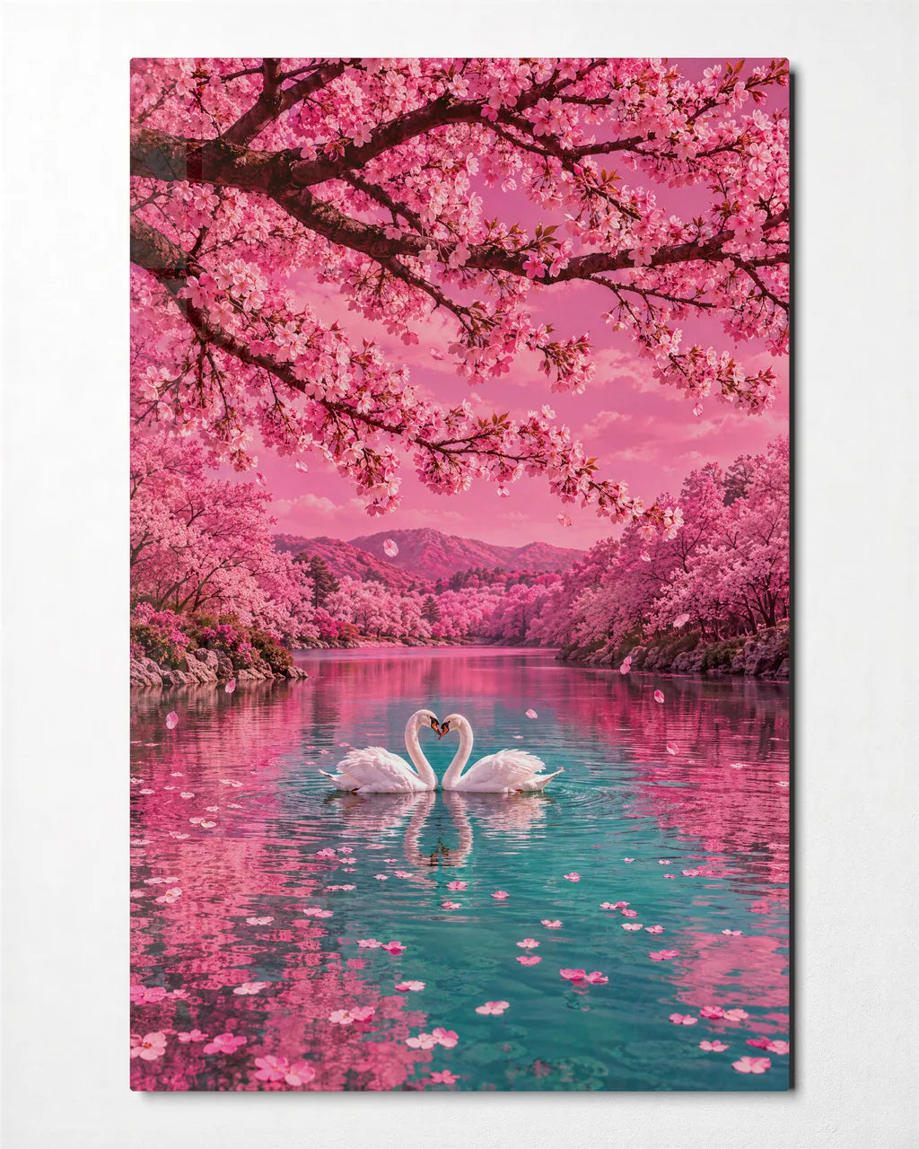 Swans Under Blossom — front view of glass wall art
