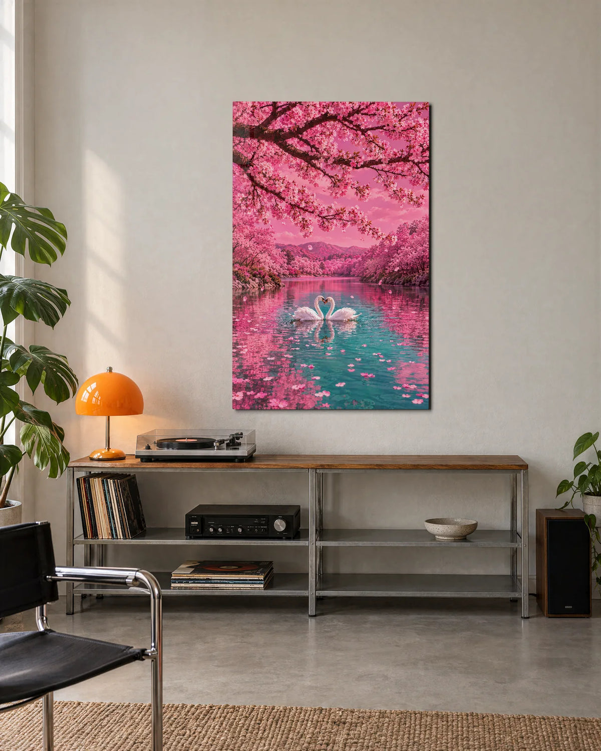 Swans Under Blossom — shown in a living space
