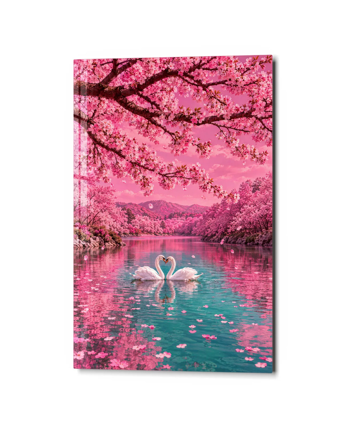 Swans Under Blossom — studio view of glass wall art