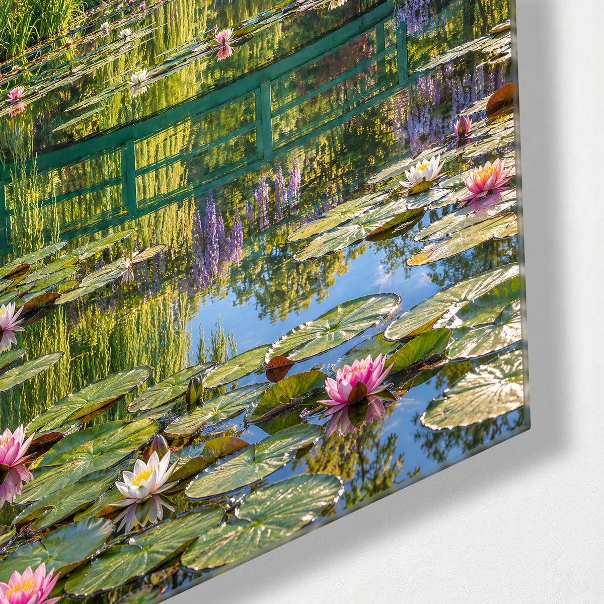 Green Bridge Over Lilies — corner detail of glass wall art