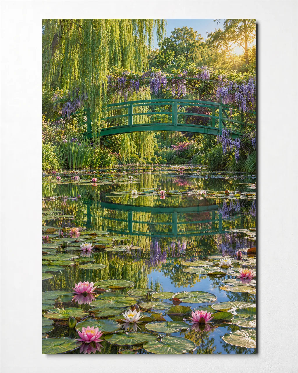 Green Bridge Over Lilies — front view of glass wall art