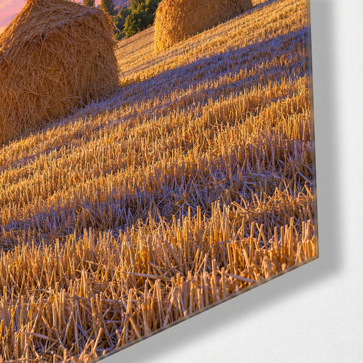 Haystacks at Dusk — corner detail of glass wall art