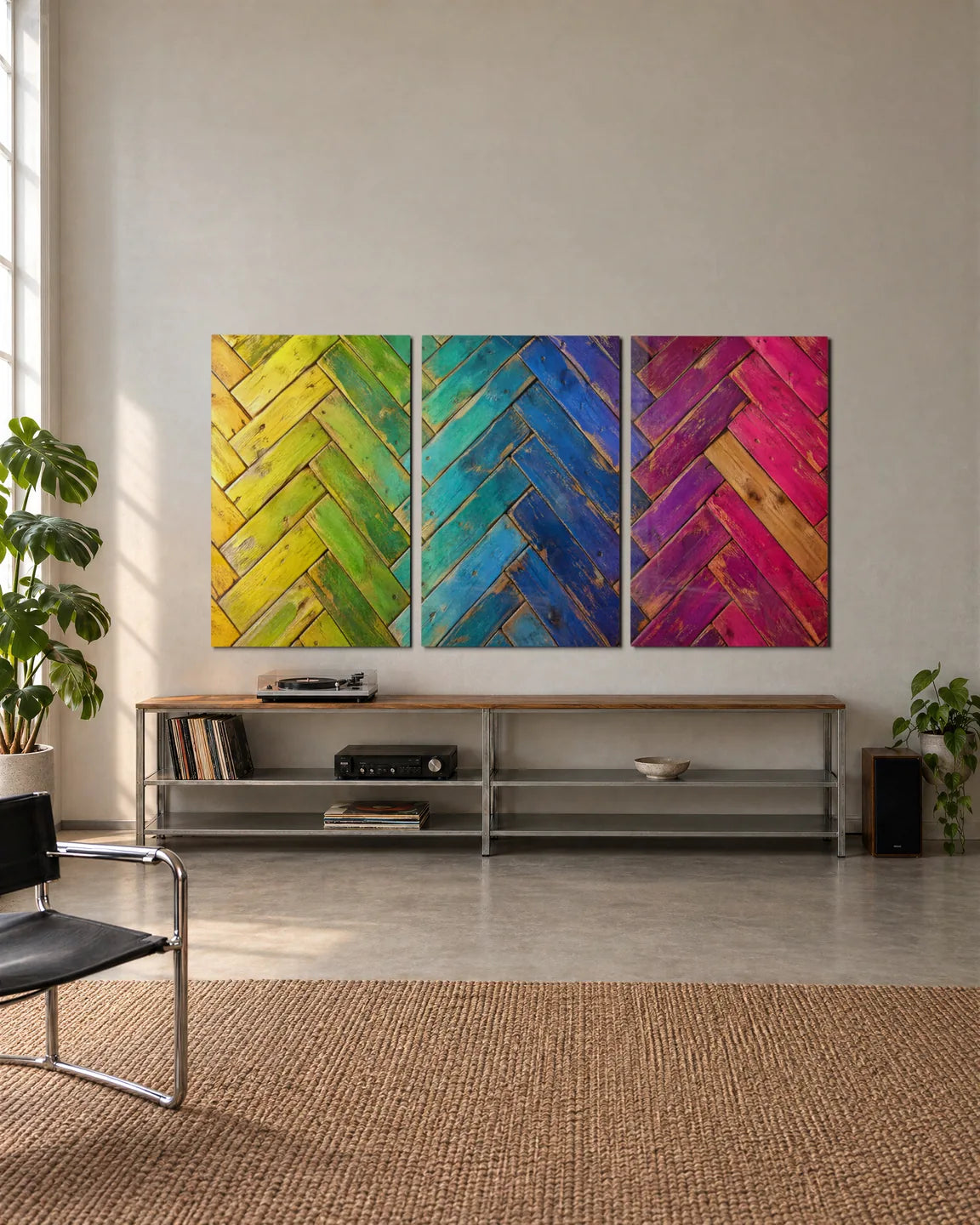Spectrum Planks Trio — 3-panel set shown in a living space