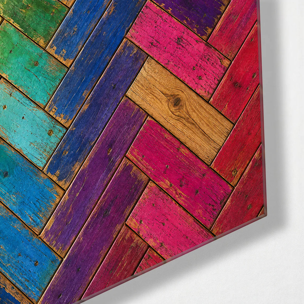 Spectrum Planks — corner detail of glass wall art