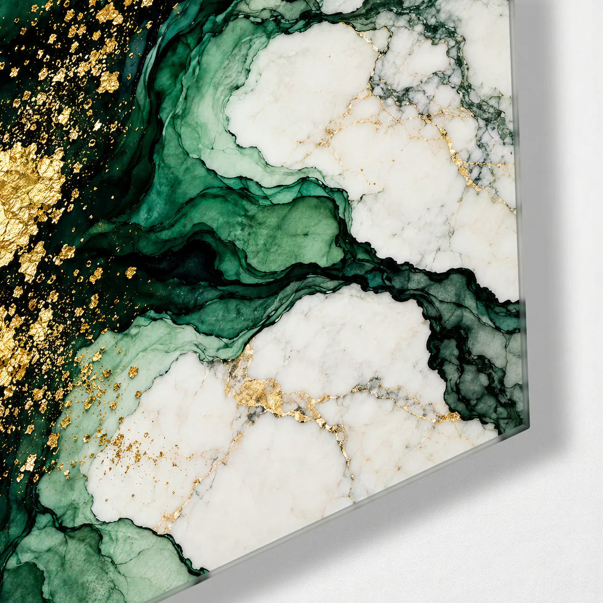 Emerald and Gold Leaf — corner detail of glass wall art