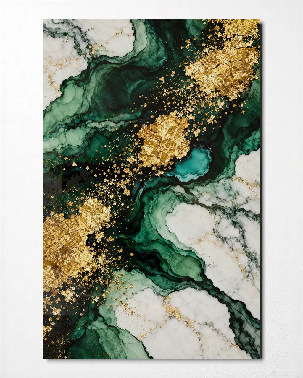 Emerald and Gold Leaf — front view of glass wall art