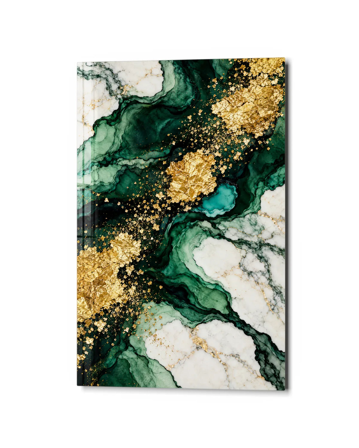 Emerald and Gold Leaf — studio view of glass wall art