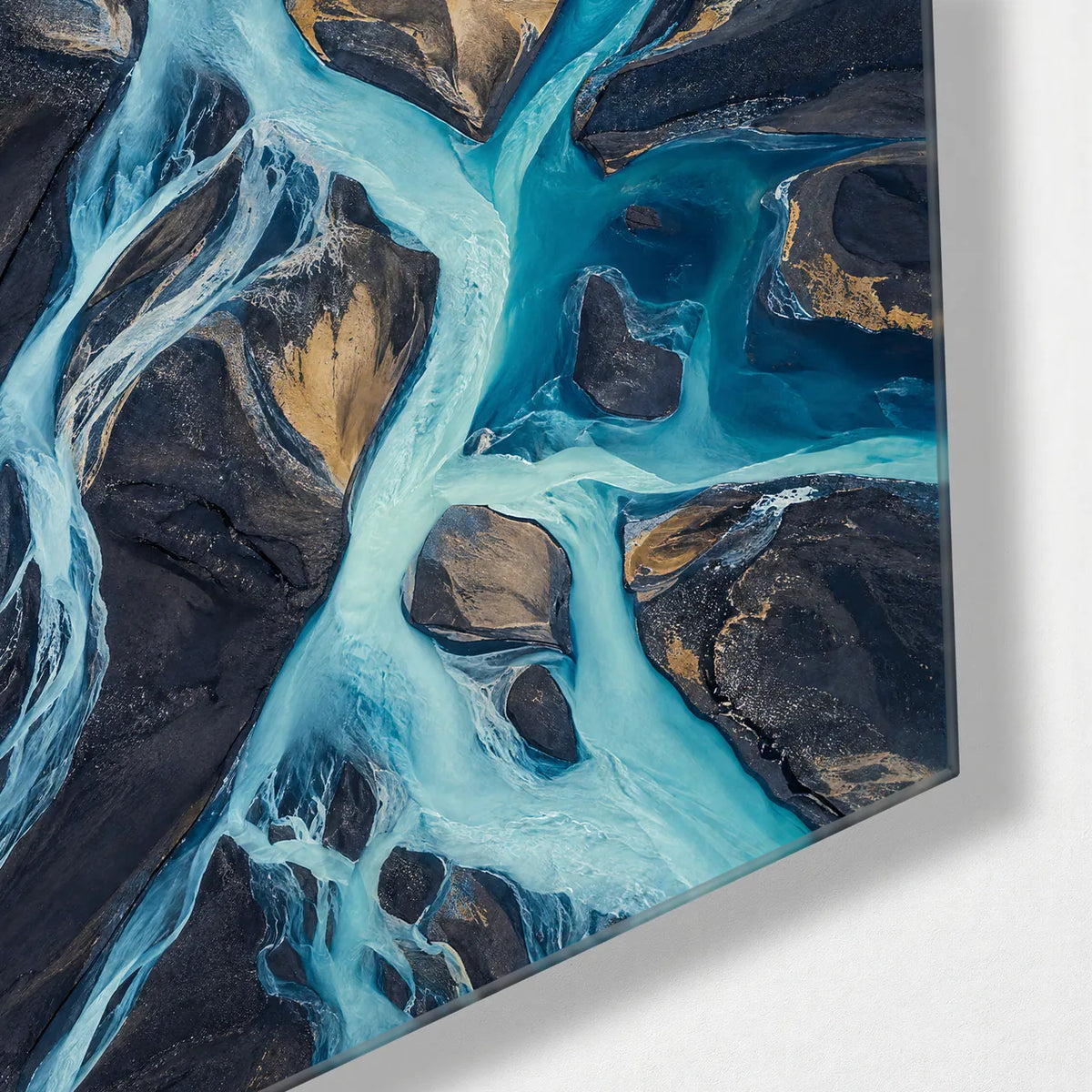 Glacier River Braids — corner detail of glass wall art
