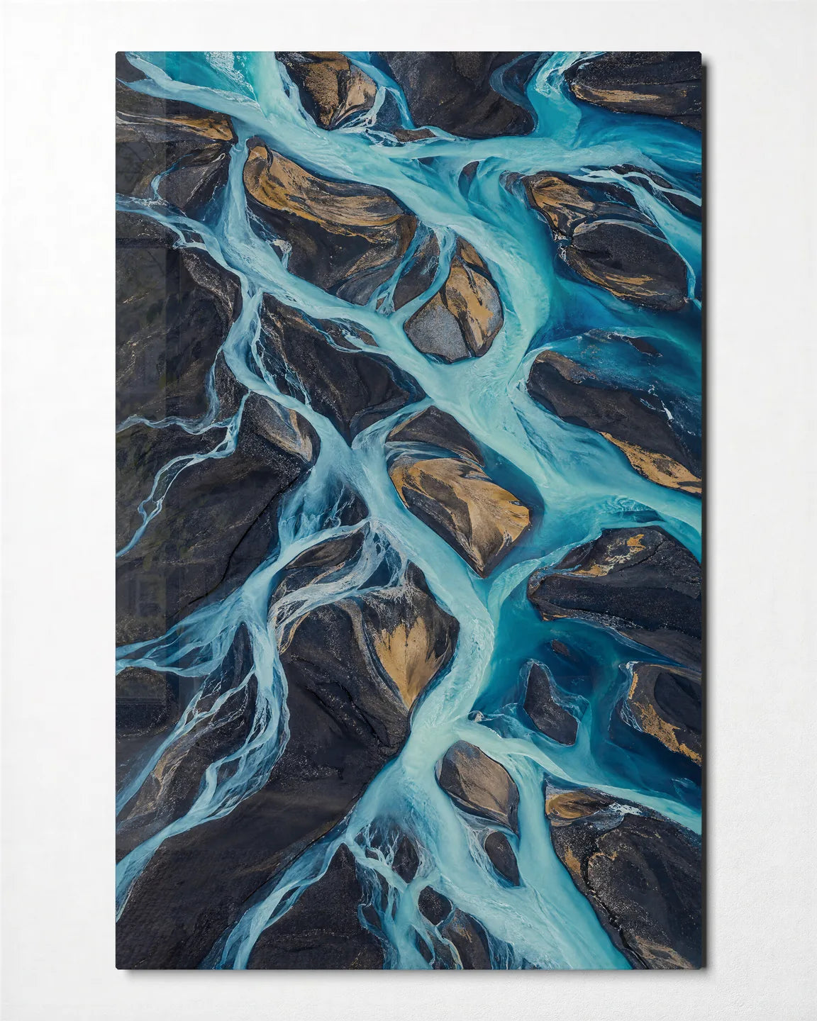 Glacier River Braids — front view of glass wall art