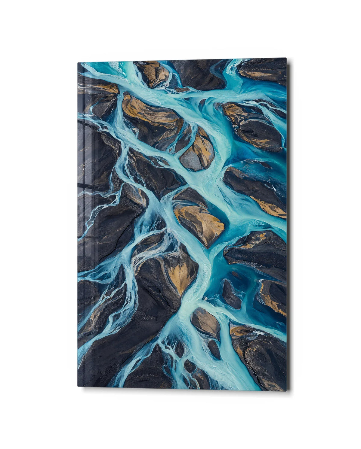 Glacier River Braids — studio view of glass wall art