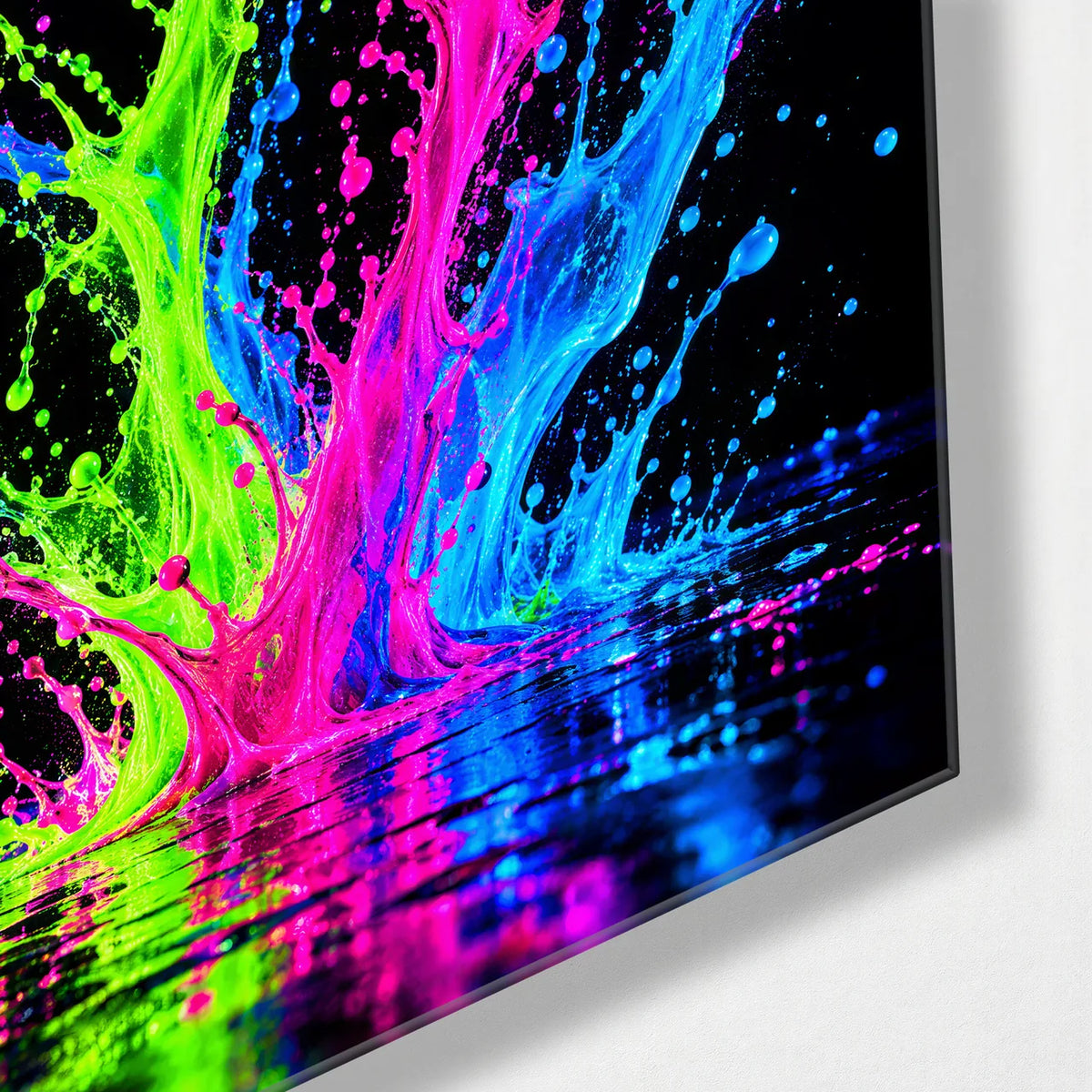 Neon Splash in the Dark — corner detail of glass wall art