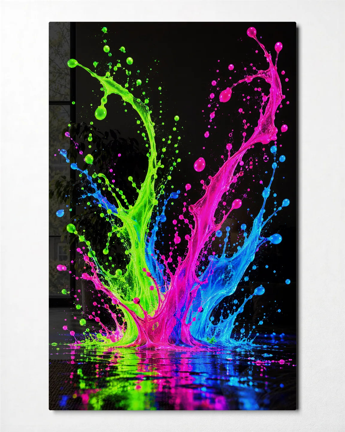 Neon Splash in the Dark — front view of glass wall art