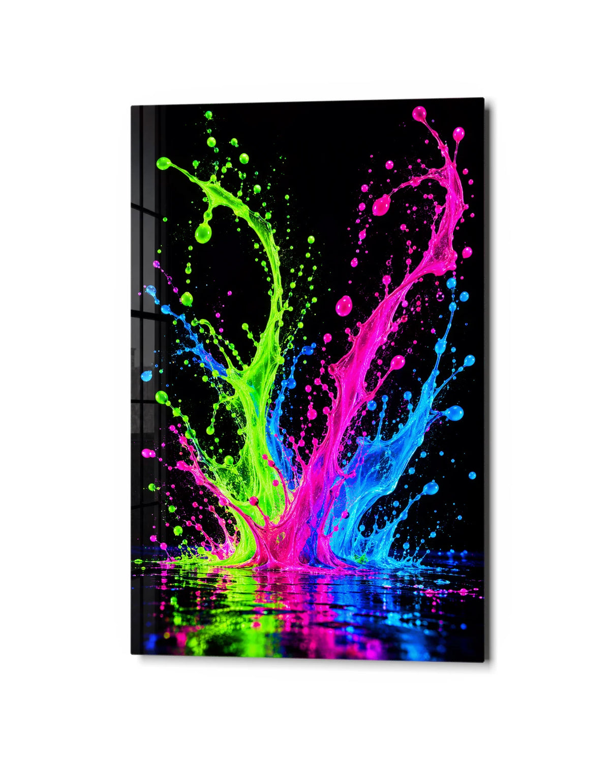 Neon Splash in the Dark — studio view of glass wall art