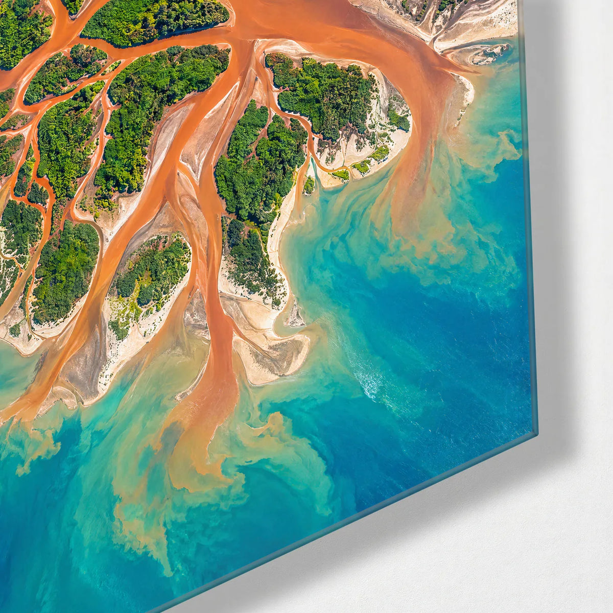Orange Delta From Above — corner detail of glass wall art