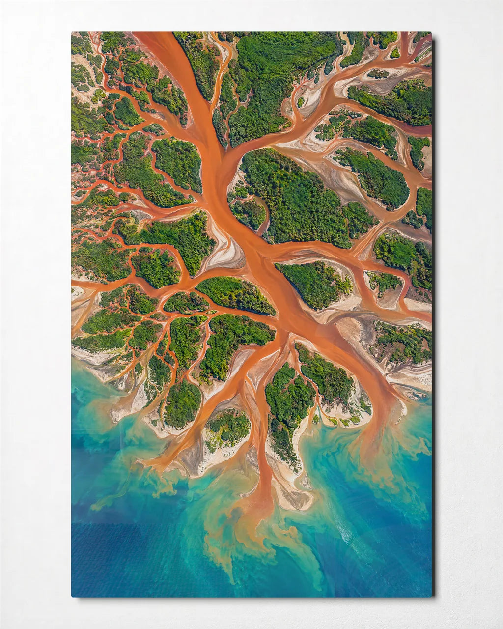 Orange Delta From Above — front view of glass wall art