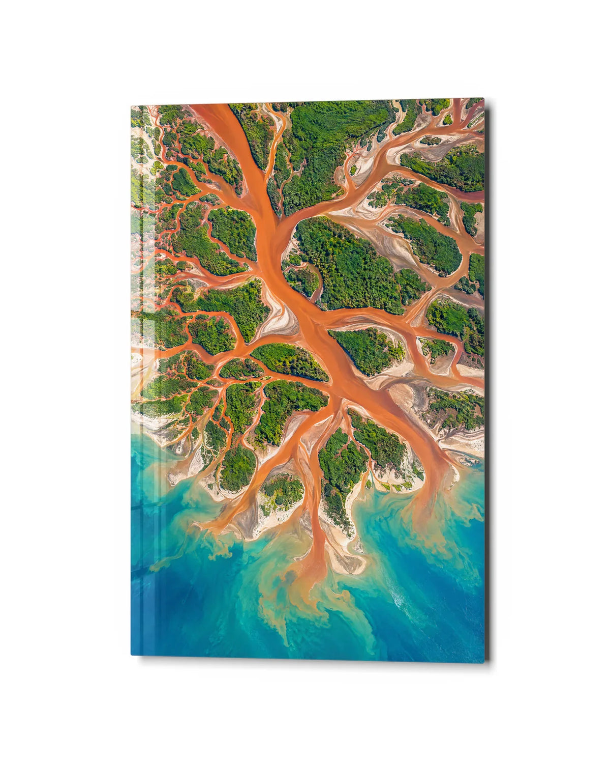 Orange Delta From Above — studio view of glass wall art