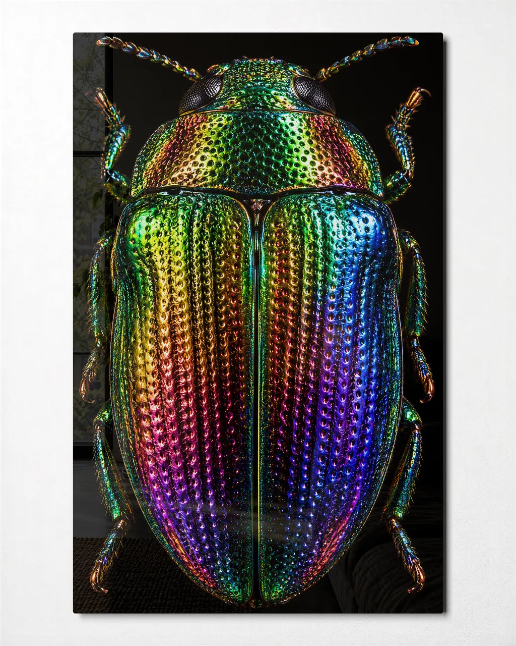 Jewel Beetle — front view of glass wall art