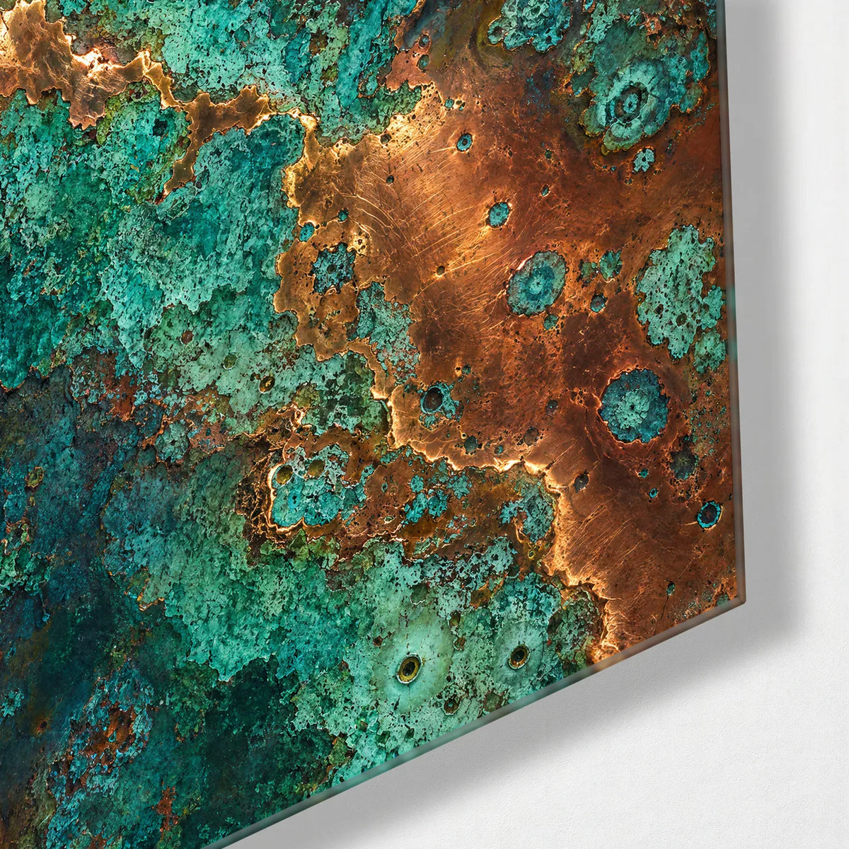Verdigris and Copper — corner detail of glass wall art