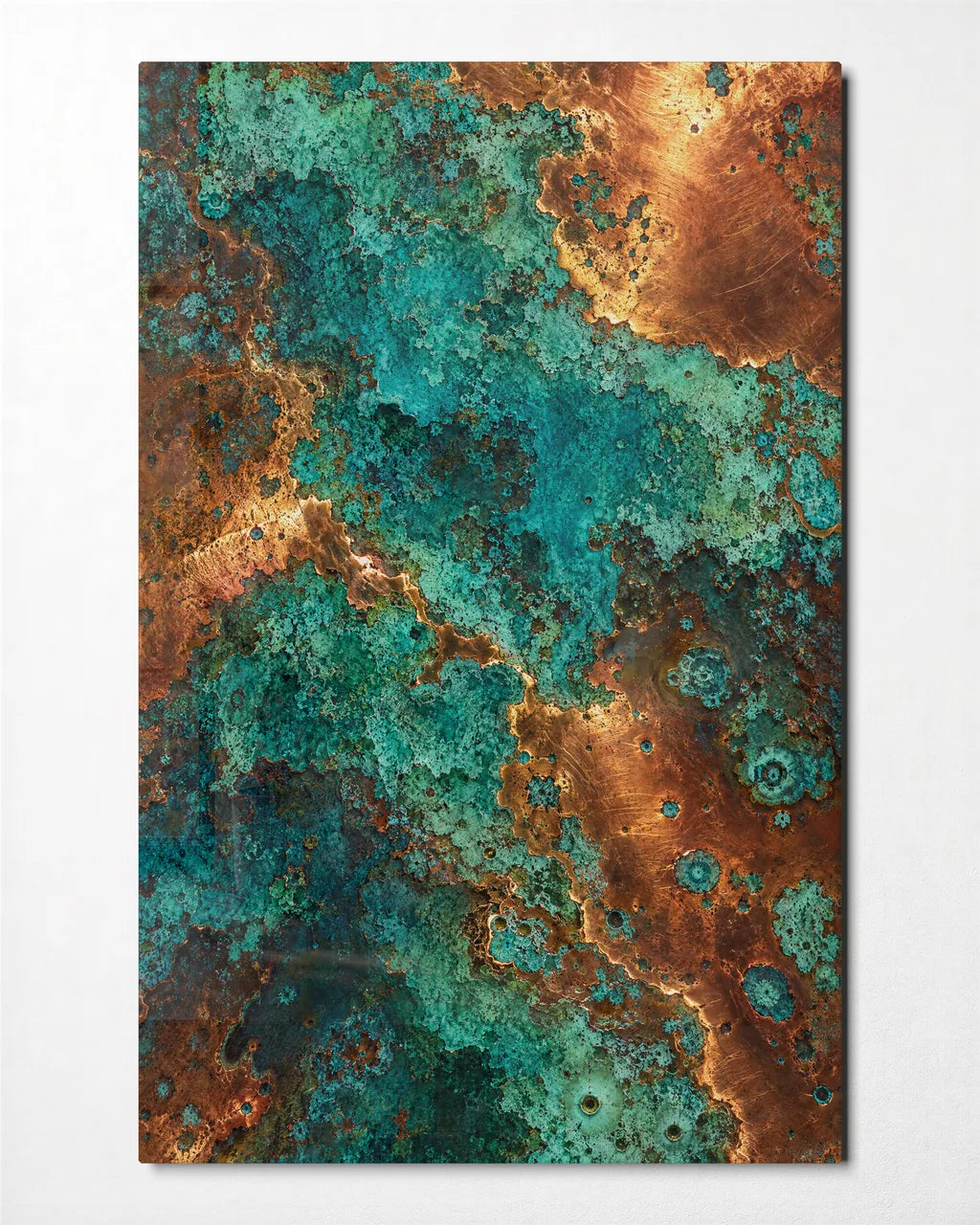Verdigris and Copper — front view of glass wall art