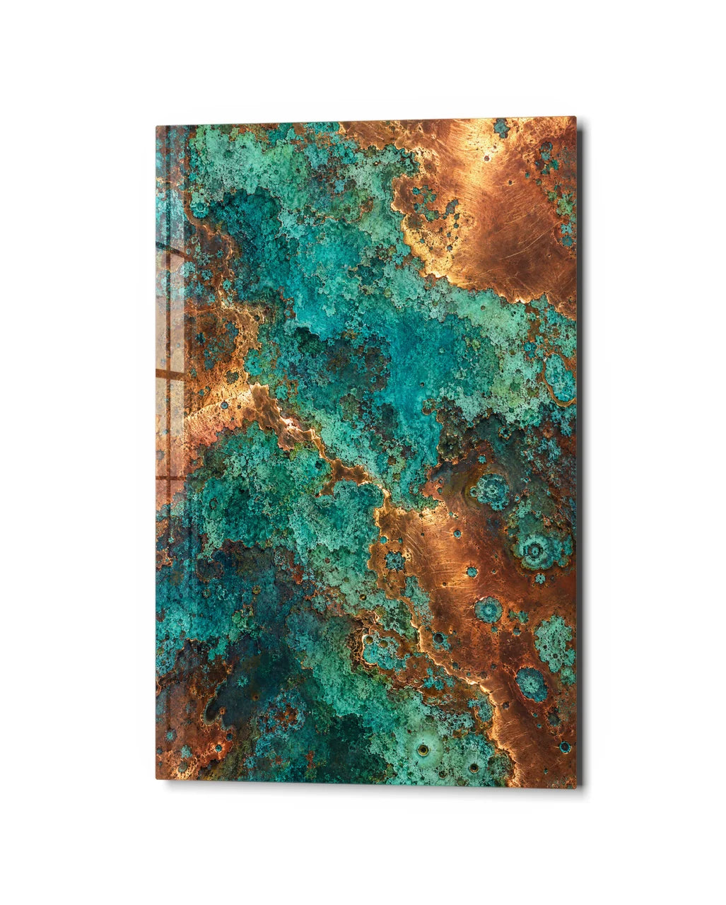 Verdigris and Copper — studio view of glass wall art