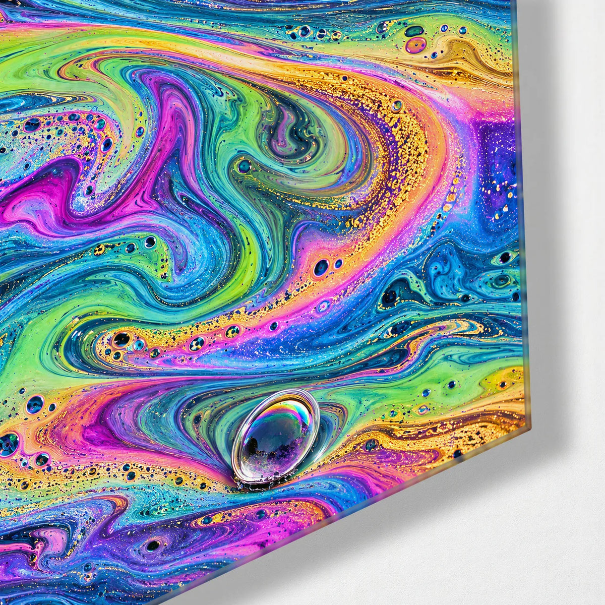 Soap Film Swirl — corner detail of glass wall art
