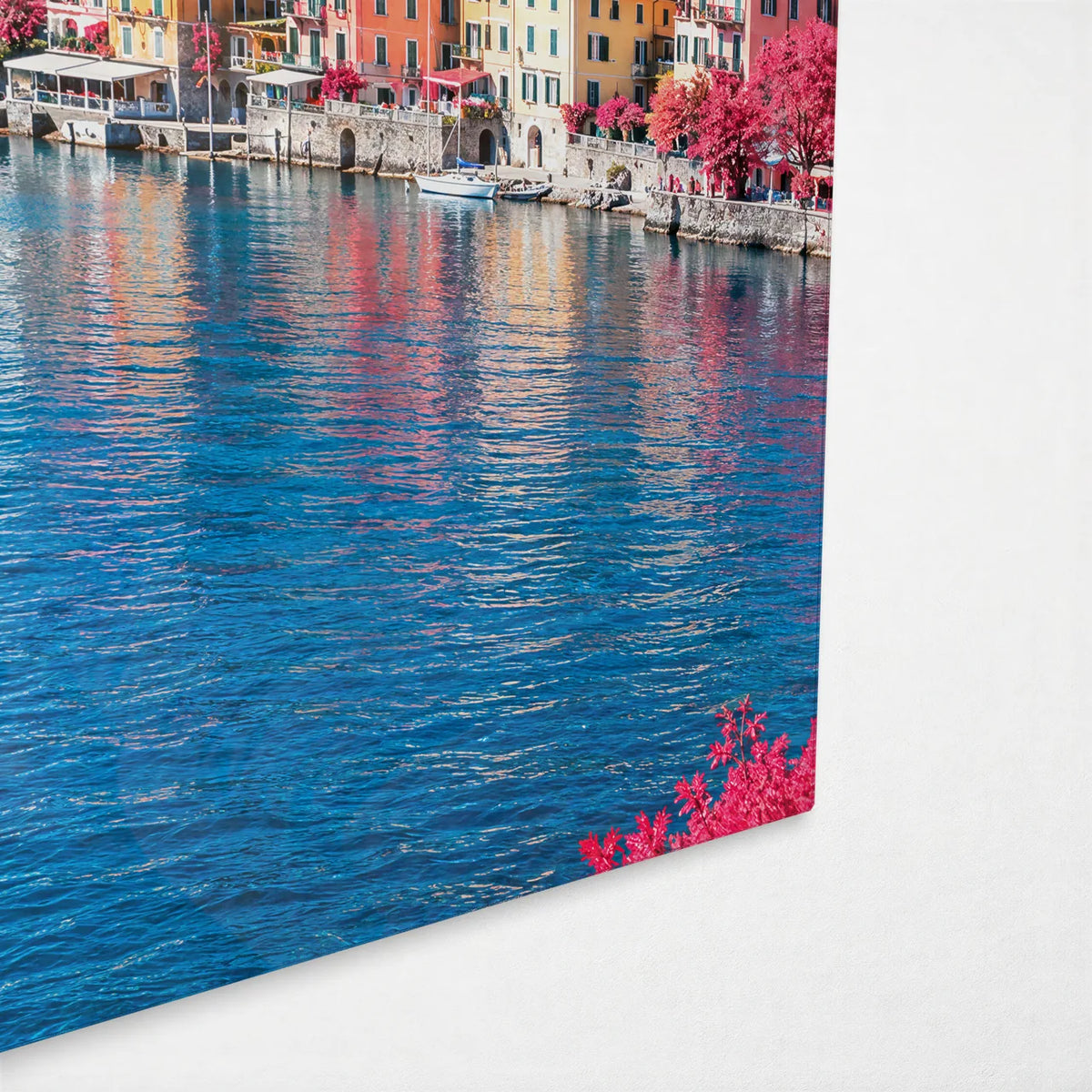 Lake Como in Pink — corner detail of glass wall art