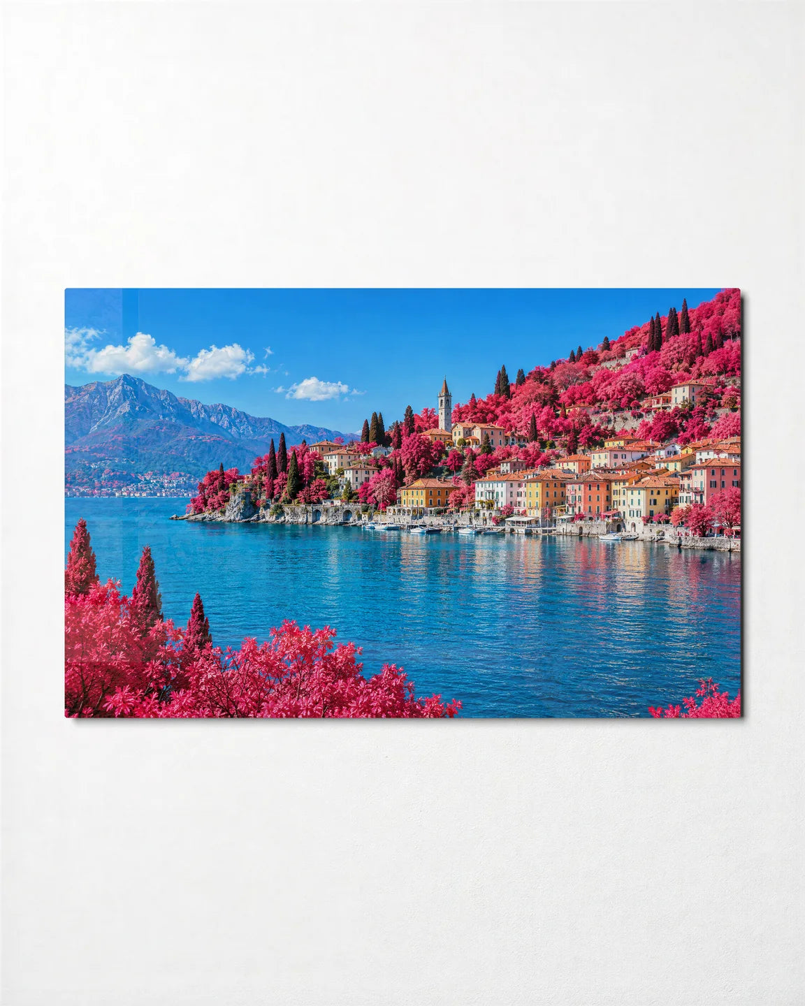 Lake Como in Pink — front view of glass wall art