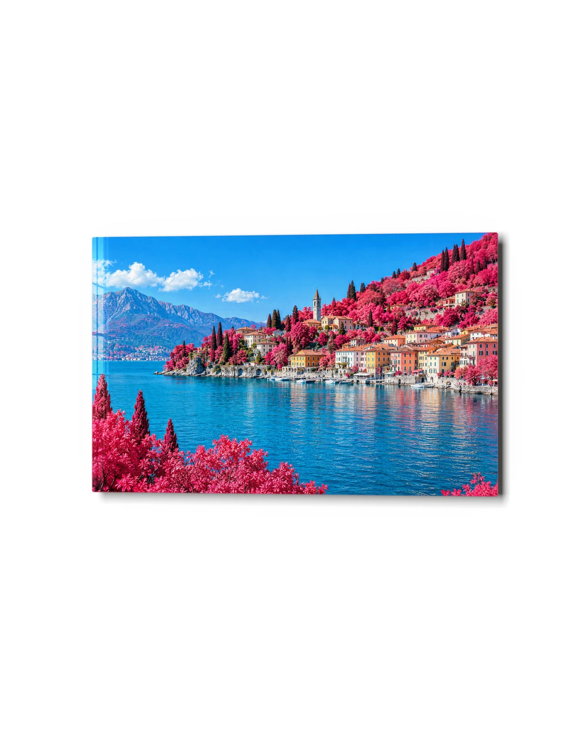 Lake Como in Pink — studio view of glass wall art
