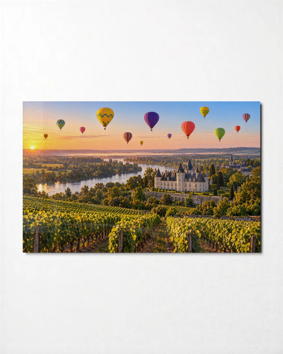 Balloons Over the Loire — front view of glass wall art