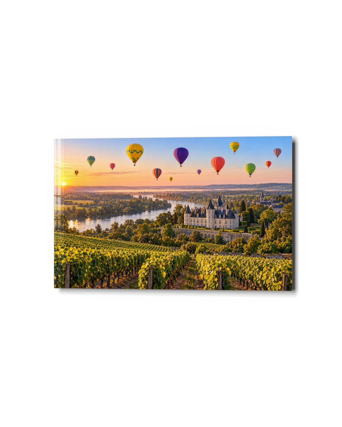 Balloons Over the Loire — studio view of glass wall art