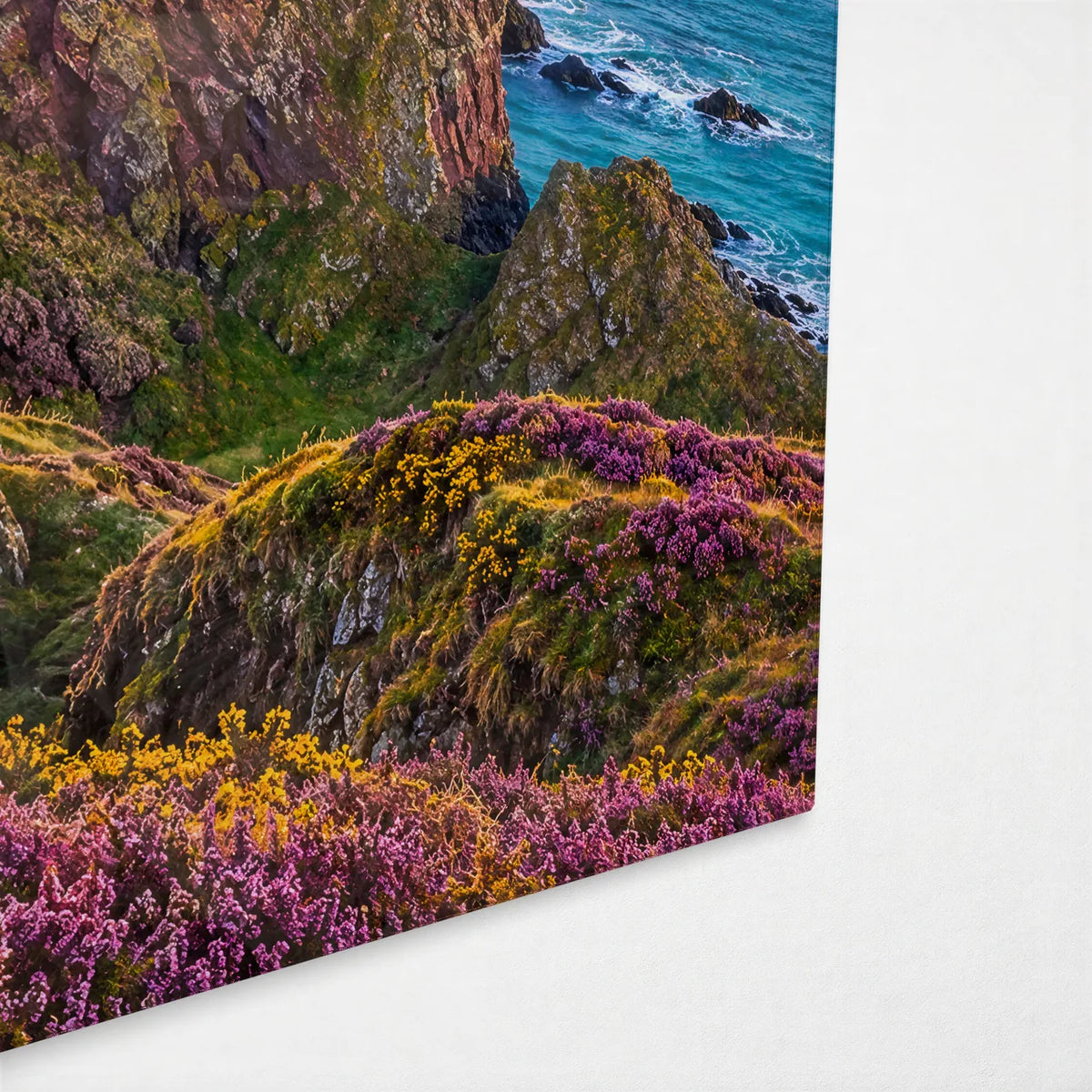 Dunnottar in Heather — corner detail of glass wall art