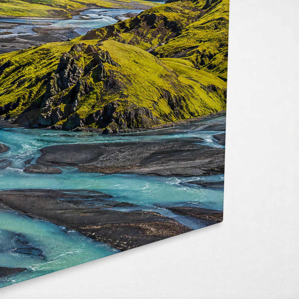 Landmannalaugar Colours — corner detail of glass wall art