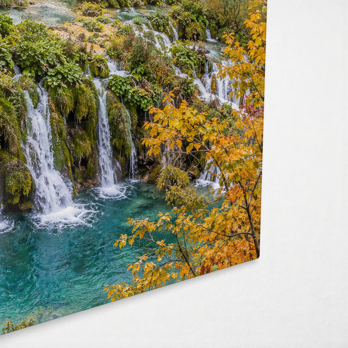 Plitvice Cascades — corner detail of glass wall art