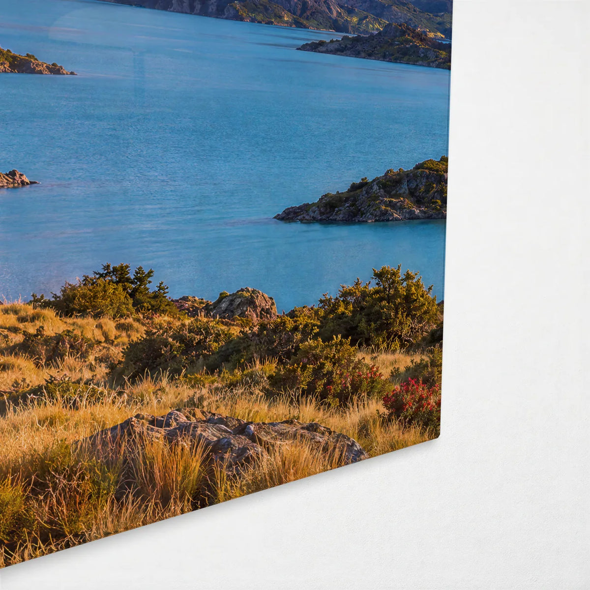 Patagonian Dawn — corner detail of glass wall art