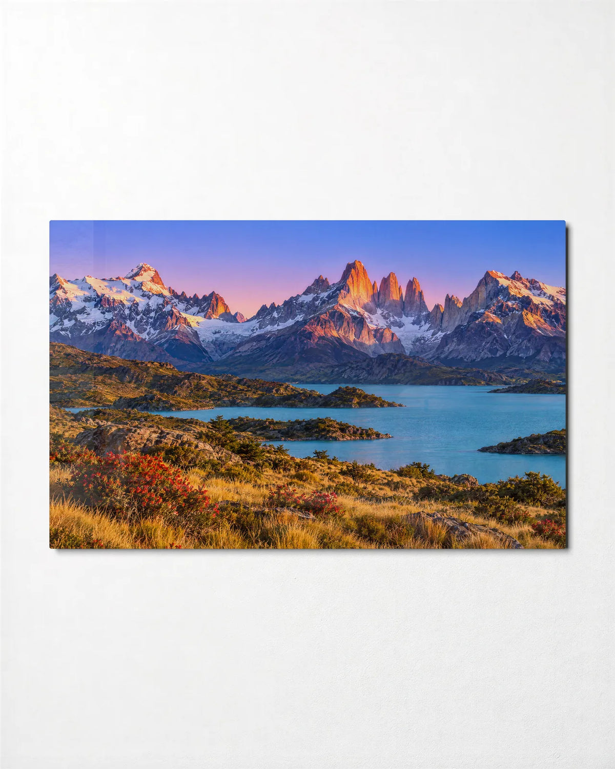 Patagonian Dawn — front view of glass wall art